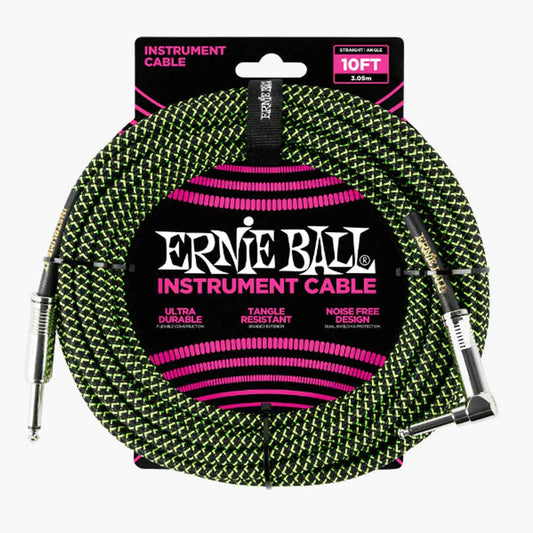 Ernie Ball P0677 Braided Straight to Right Angle Instrument Cable, Black and Green, 10ft