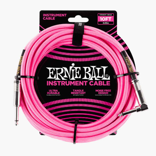 Ernie Ball P0678 Braided Straight to Right Angle Instrument Cable, Neon Pink, 10ft
