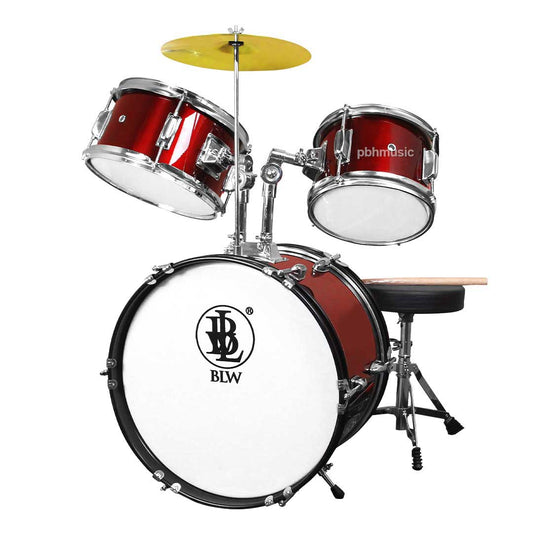 BLW Junior 3-Piece Acoustic Drum Set with Cymbal, Stand, Stool and Drumstick - Wine Red