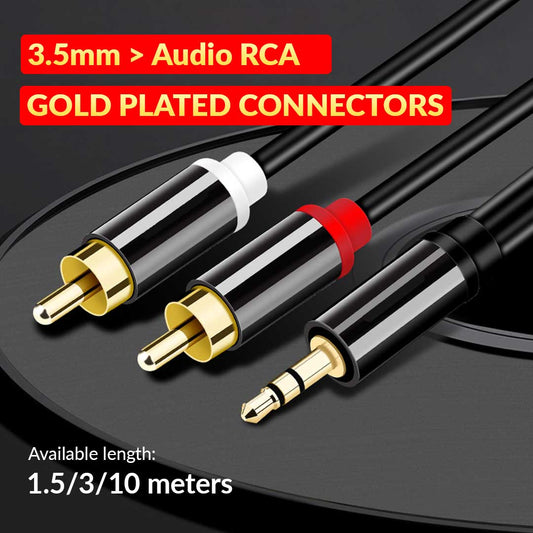 Audio 3.5mm Headphone Jack Male To 2 RCA Male Aux To AV RCA Cable 3 Meter