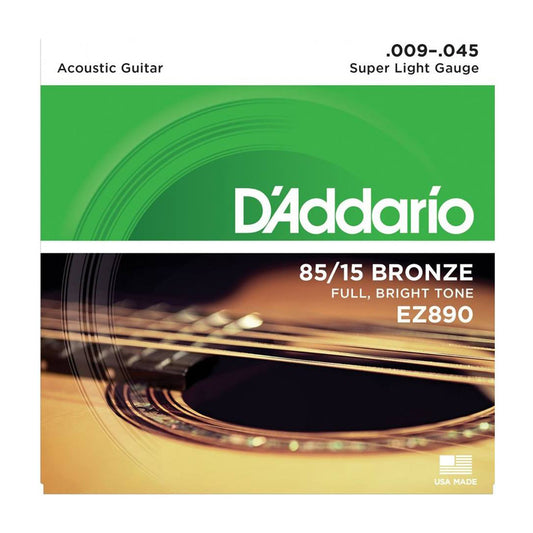 D'Addario EZ890 85/15 Bronze Acoustic Guitar Strings, Super Light, 09-45