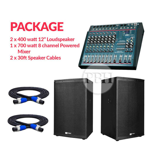 700 watt 8 channel, 2 x 400watt 12" Loudspeaker Package