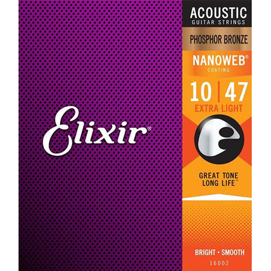 Elixir Strings 16002 Phosphor Bronze Acoustic Strings, Nanoweb, Extra Light, 10-47