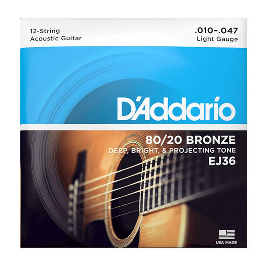 D'Addario EJ36 80/20 12-Strings Bronze Acoustic Guitar Strings, Light, 10-47