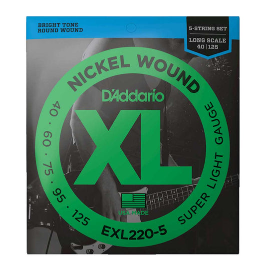 D'Addario EXL220-5 5-String Nickel Wound Bass Guitar Strings, Super Light, 40-125, Long Scale