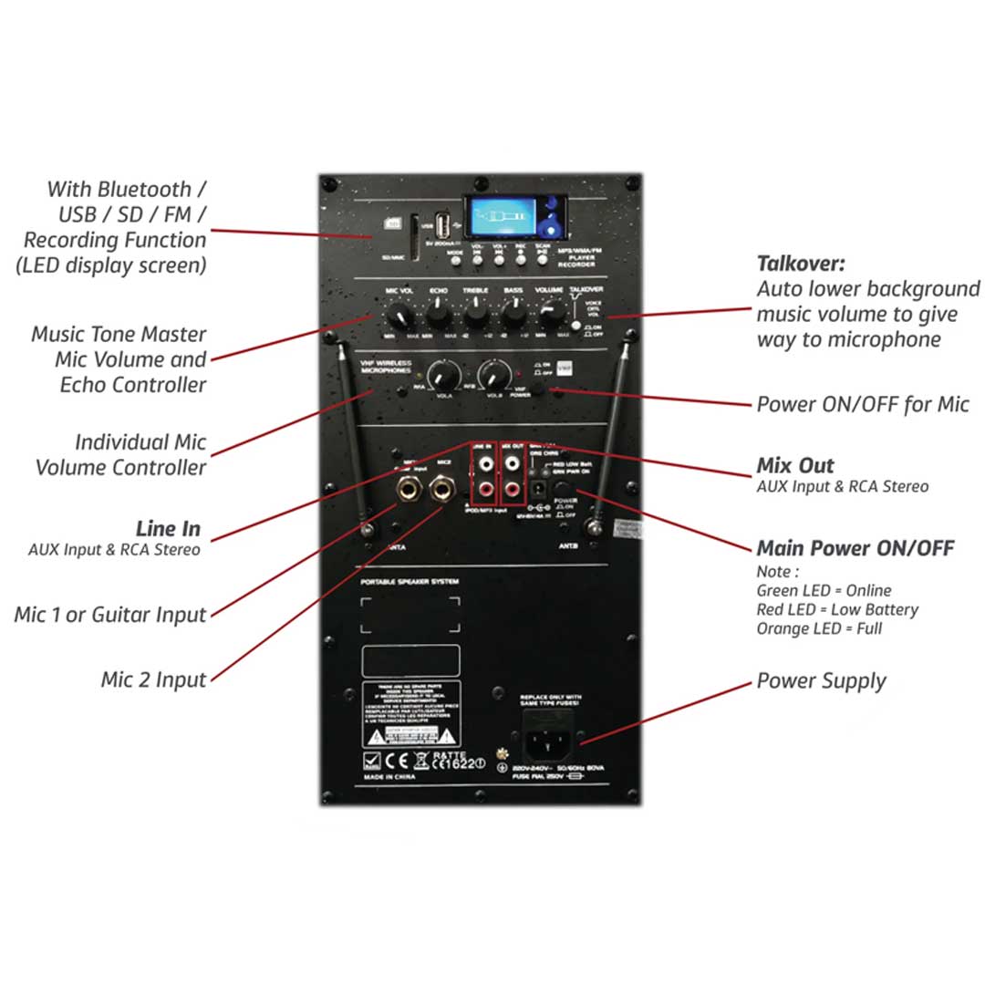 DYNAMAX PRO121 12 inch Bluetooth Portable PA System with 2 VHF Handheld Mic/ 1 VHF handheld mic & clip mic